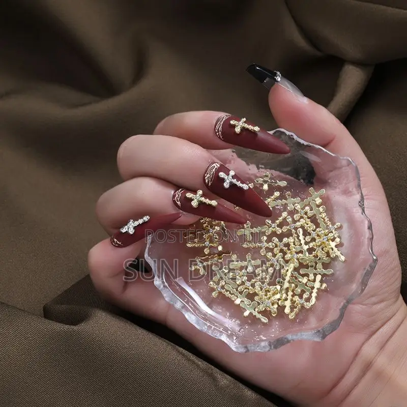 Cross Nail Charm Golden Cross Nail Designe 30 Pieces