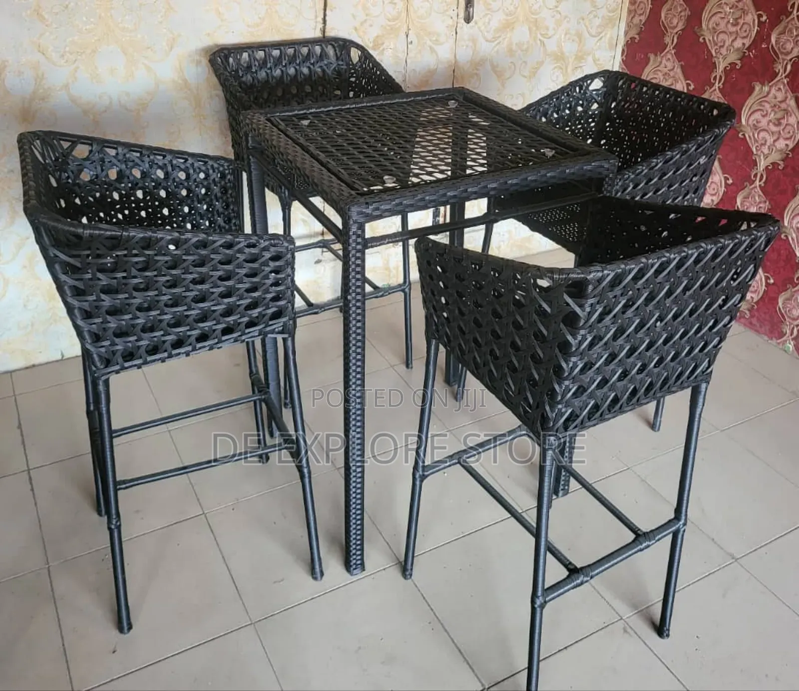 High Bar Stool and Table Made With Rattan Materials
