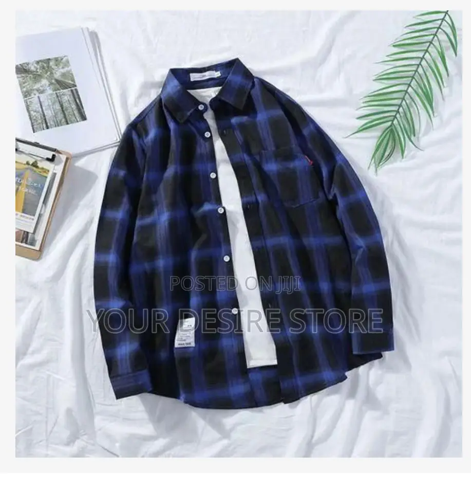Men's Long Sleeve Plaid Shirt- Blue