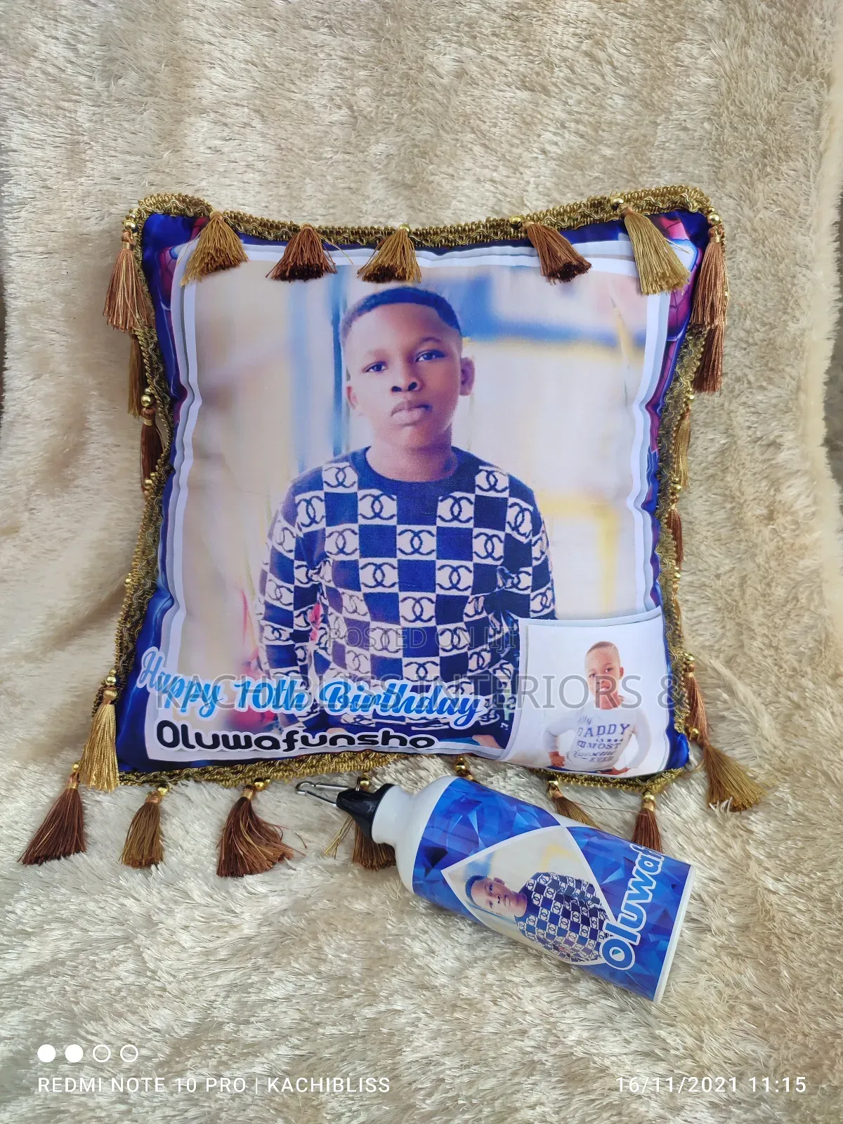 Throw Pillow and Water Bottle
