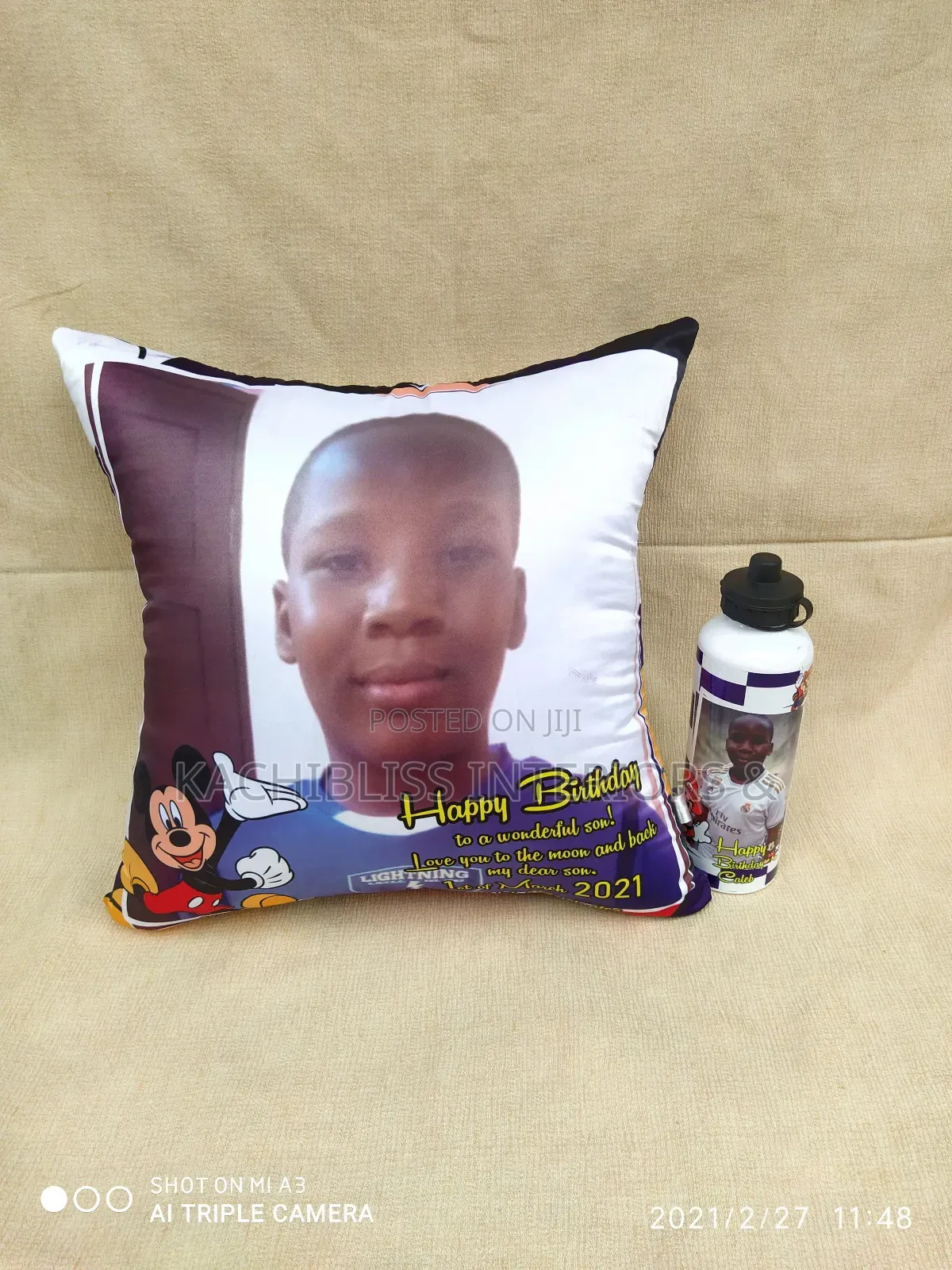 Throw Pillow and Water Bottle