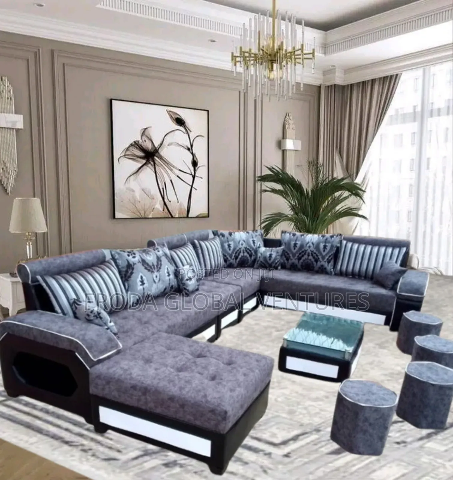 9-Seater U-Shaped Sofa Chairs, Table and Side Stools. Beautiful Couch