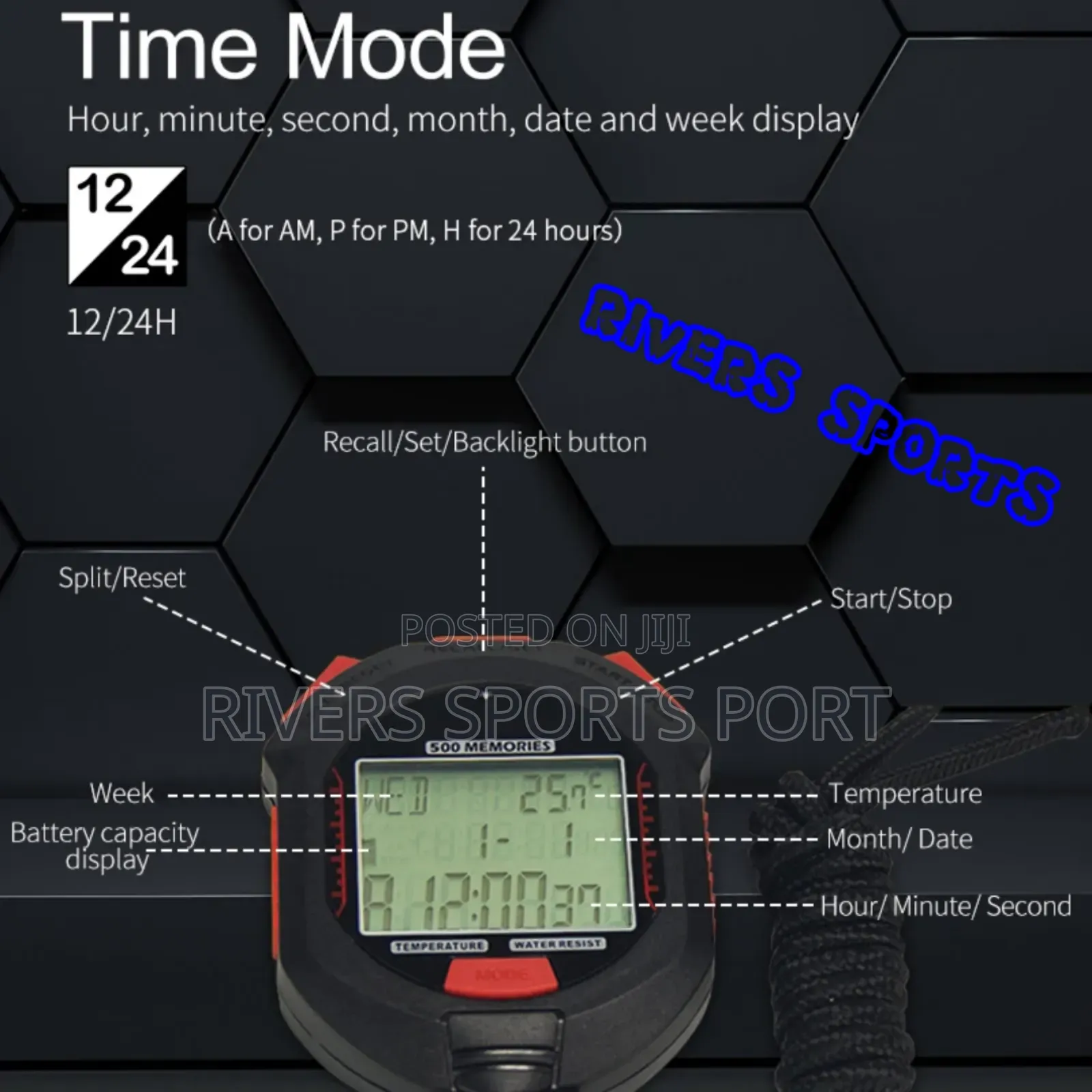 Flott Stop Watch 500 Memories 3 Lines Display Professional Stopwatch