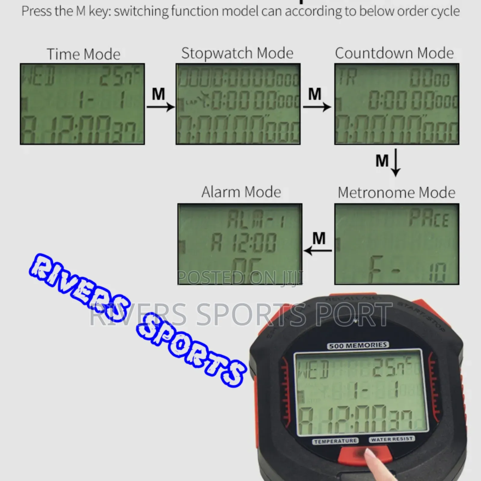 Flott Stop Watch 500 Memories 3 Lines Display Professional Stopwatch