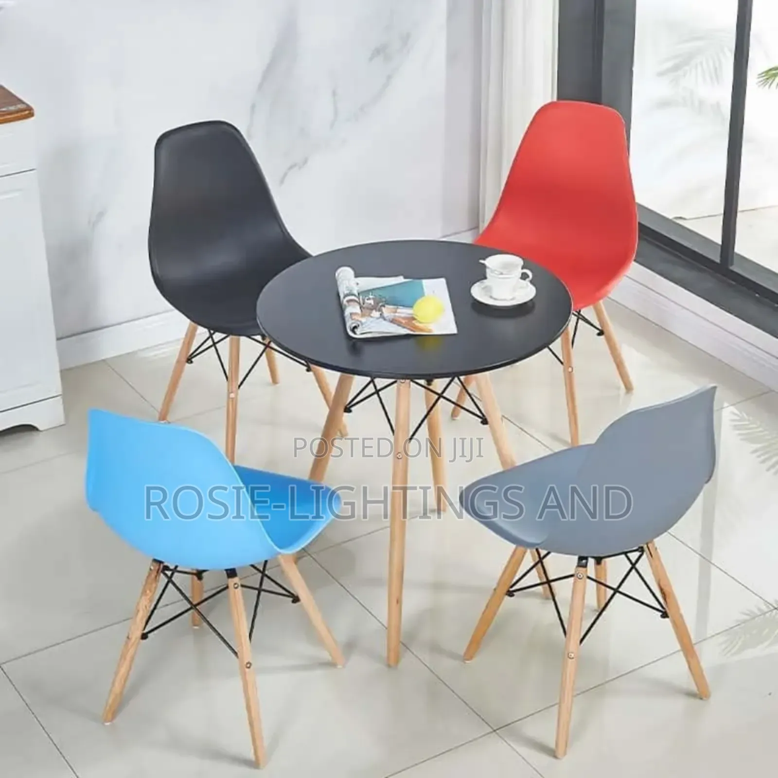 MDF Wood Round Dinning Table + 4 Multi Coloured Plastic Chairs