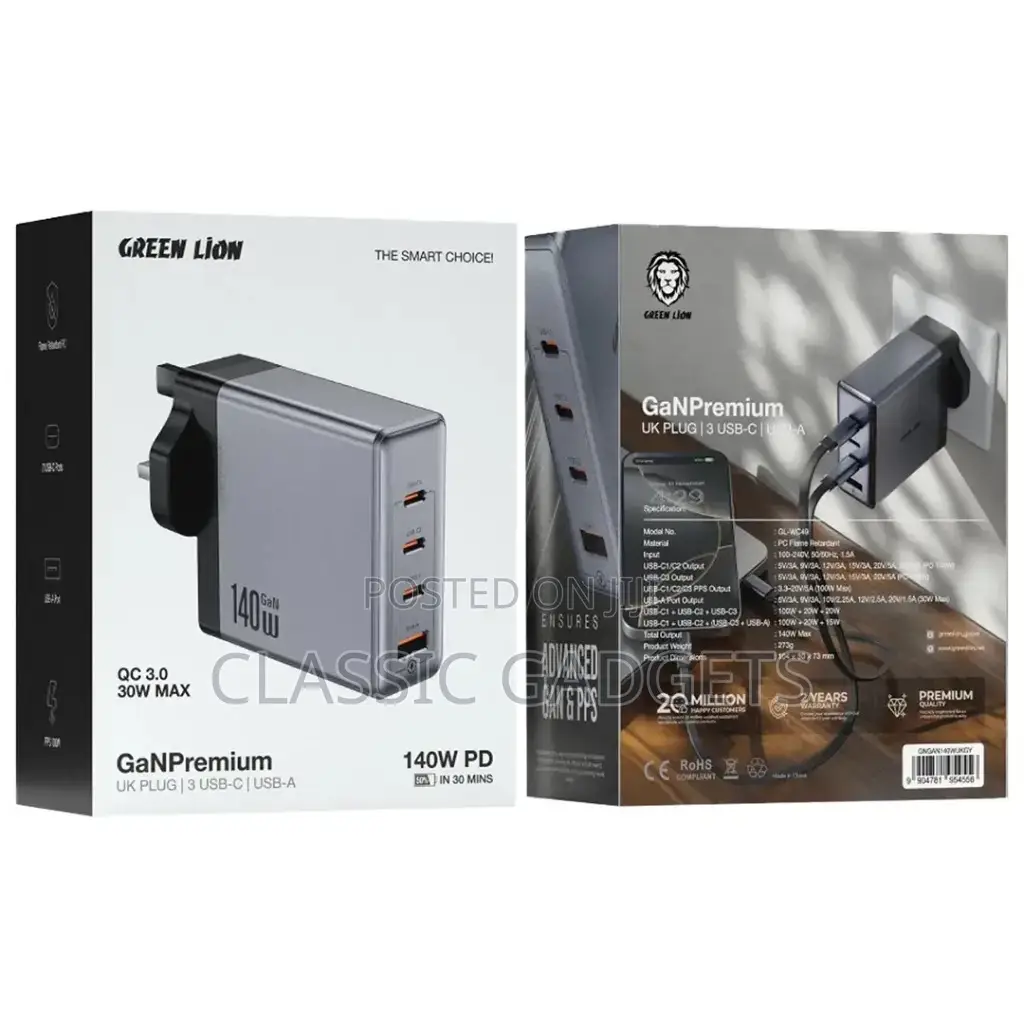 Green Lion Gan Premium Uk Plug Wall Charger 140w - Gray