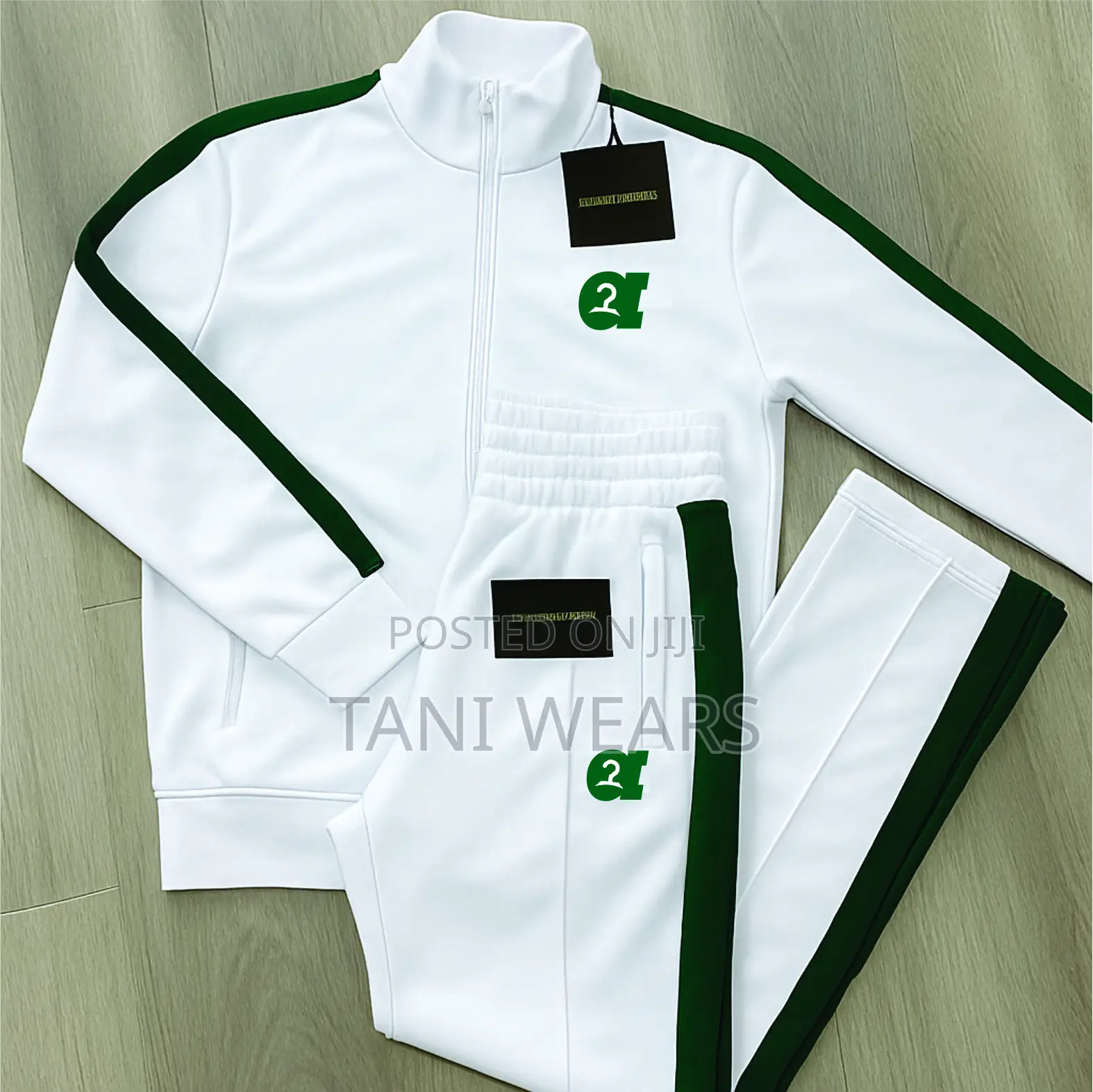 Tracksuit White Colour With Green Stripe