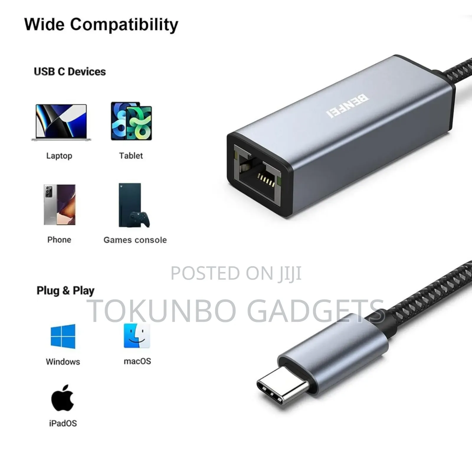 Benfei Usb C to Ethernet Adapter,Type-C (Thunderbolt 3)To Rj45 Gigabit