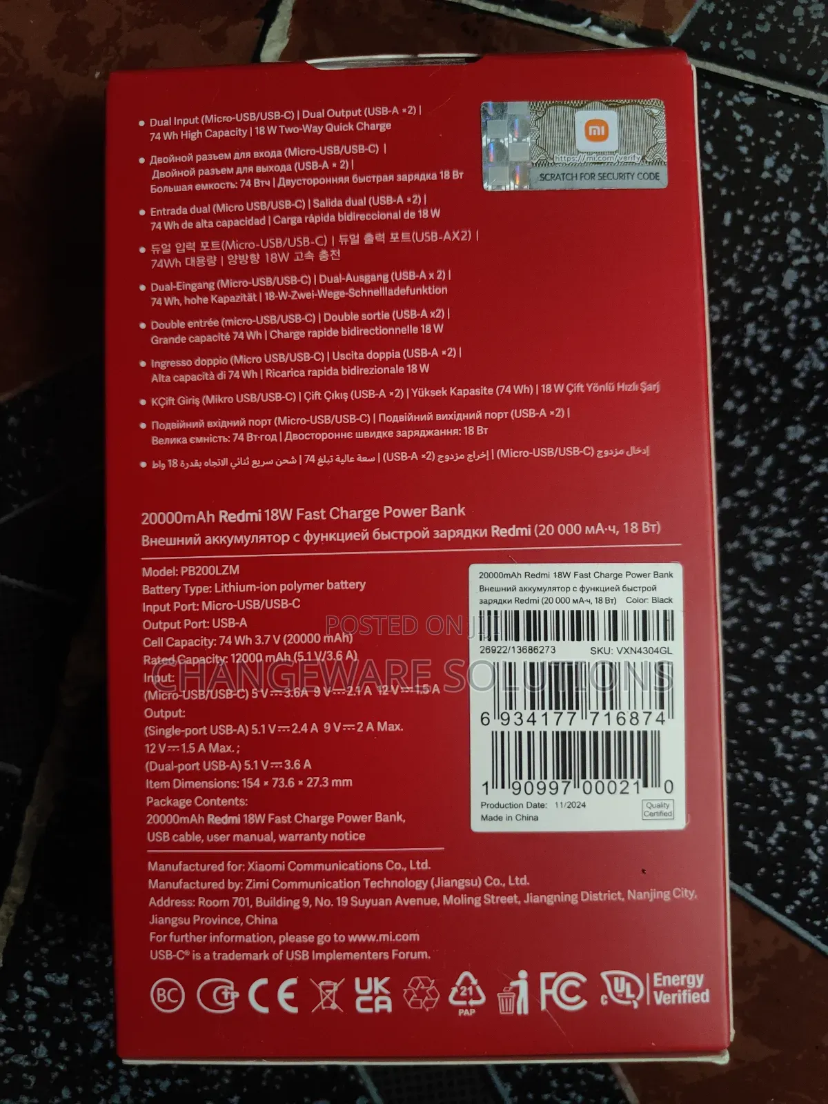 20,000mah Redmi 18w Fast Charge Power Bank