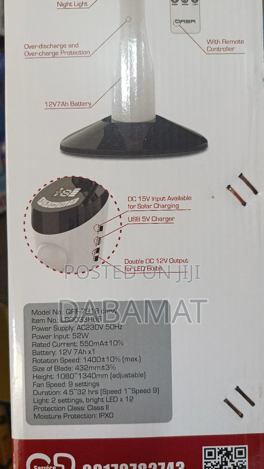 Qasa 18 Inches Rechargeable Standing Fan