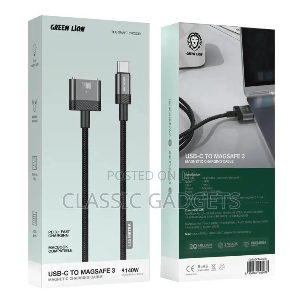 Green Lion Usb-C to Magsafe 3 Magnetic Charging Cable - Black