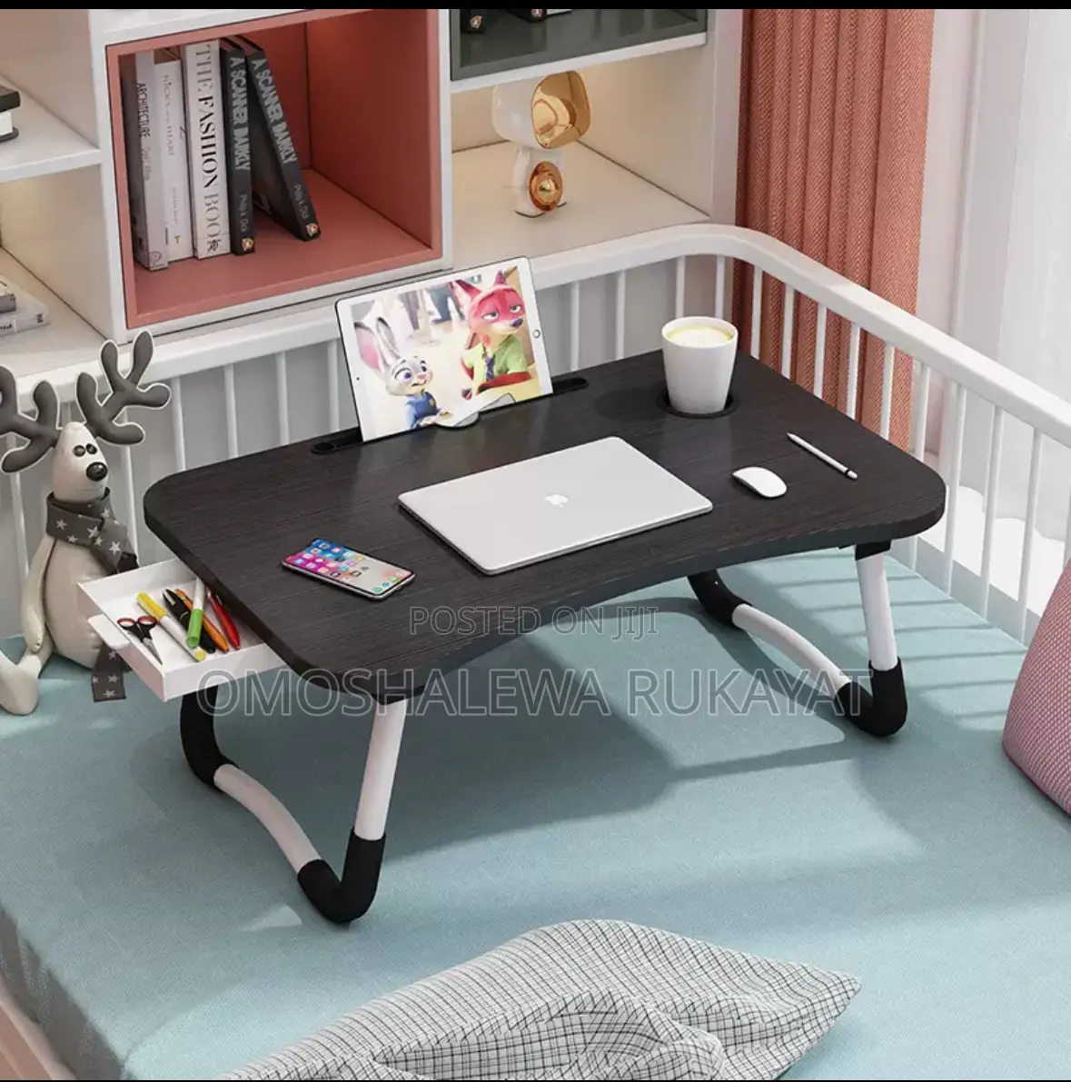 Foldable Laptop/Bed Table With Side Drawer and Cup Holder