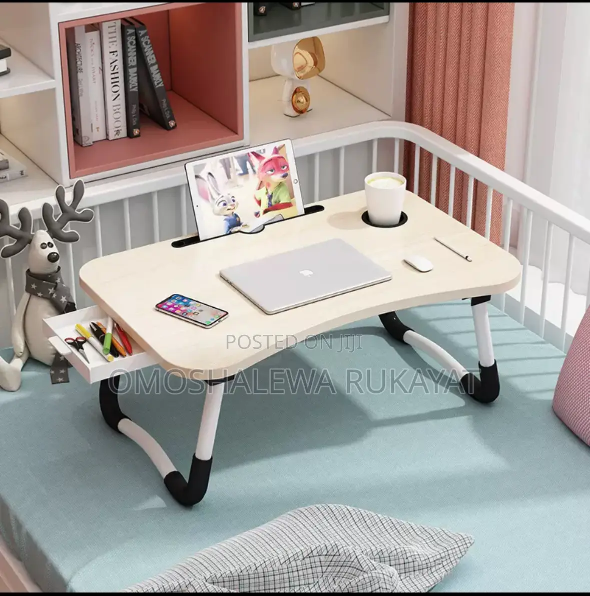 Foldable Laptop/Bed Table With Side Drawer and Cup Holder