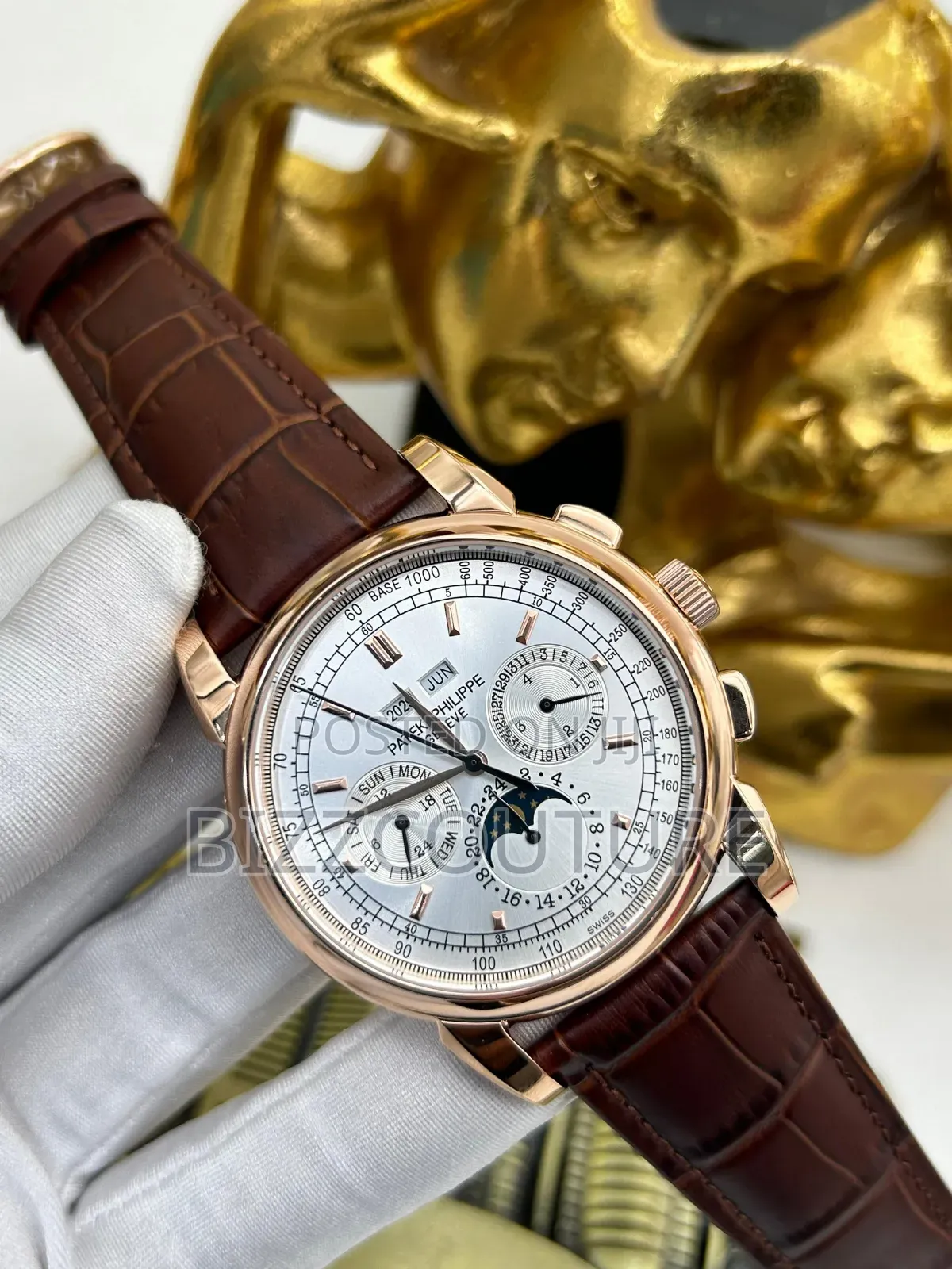 Original Patek Philippe Brown Genuine Leather Strap Watch in Store