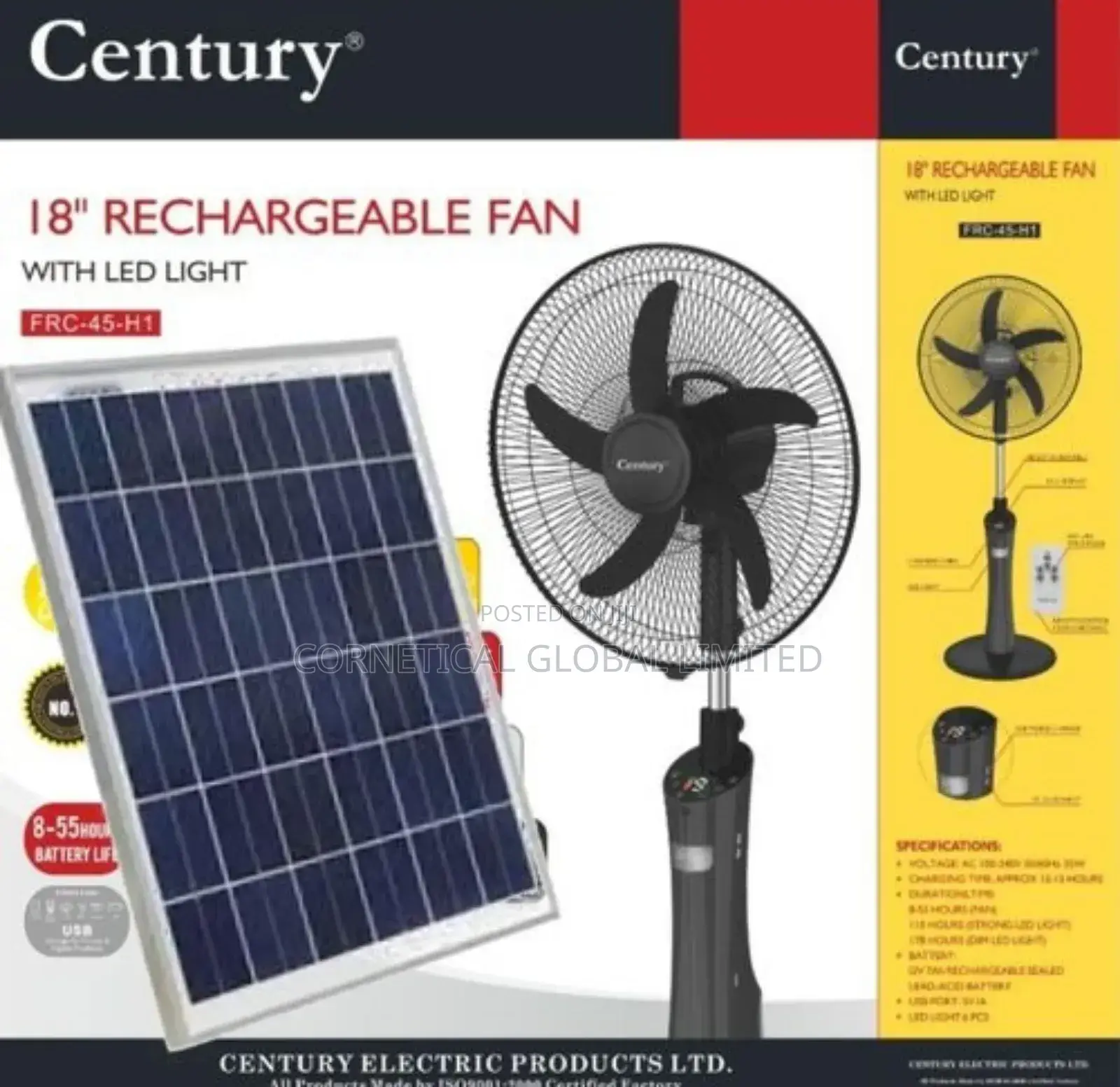 Century 18" Rechargeable Fan With Solar Panel
