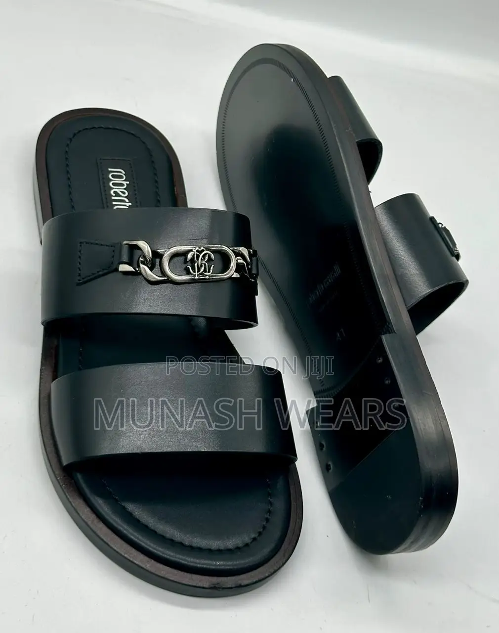 Roberto Cavali Leather Black Slipers 40-46