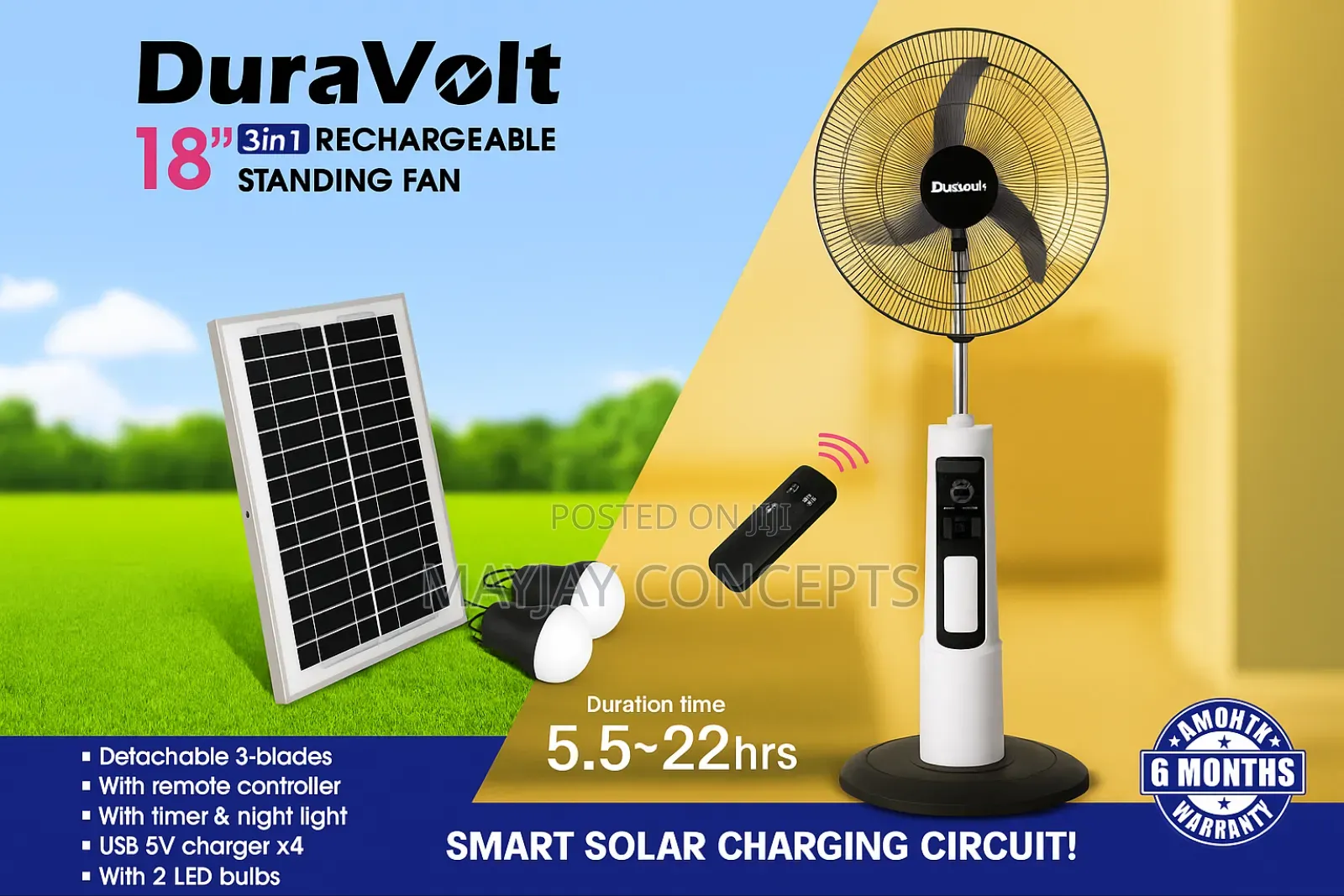 Duravolt 18-Inch 3-in-1 Solar Rechargeable Standing Fan-Panel+2-Bulbs