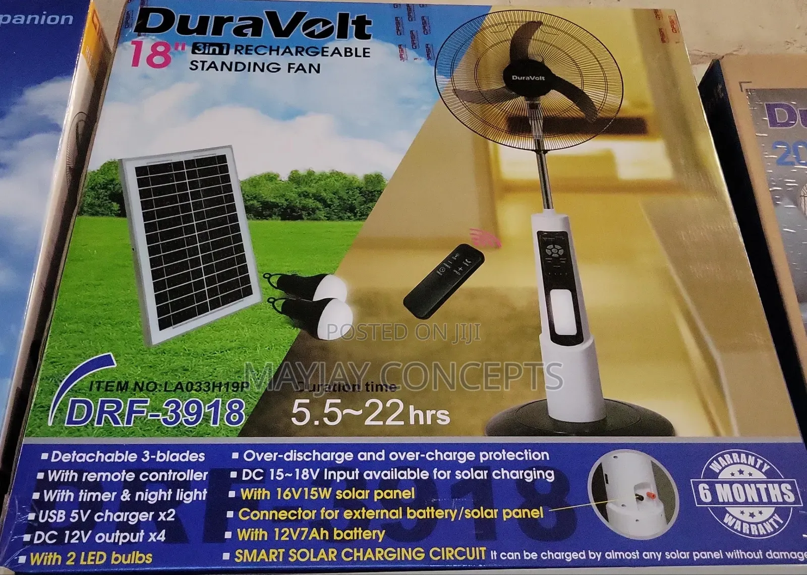 Duravolt 18-Inch 3-in-1 Solar Rechargeable Standing Fan-Panel+2-Bulbs