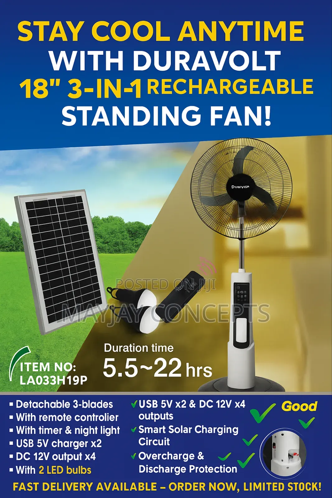 Duravolt 18-Inch 3-in-1 Solar Rechargeable Standing Fan-Panel+2-Bulbs
