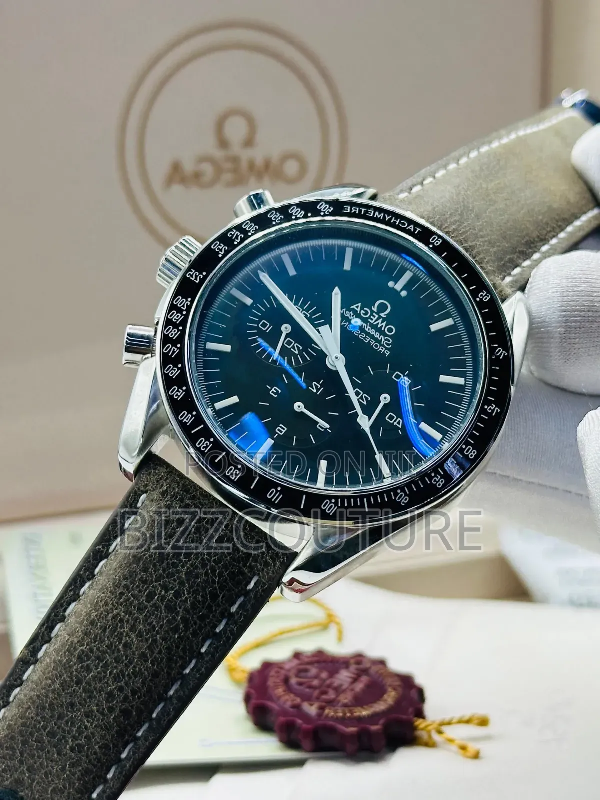 Original Omega Black Genuine Leather Strap Chronograph Quartz Watch