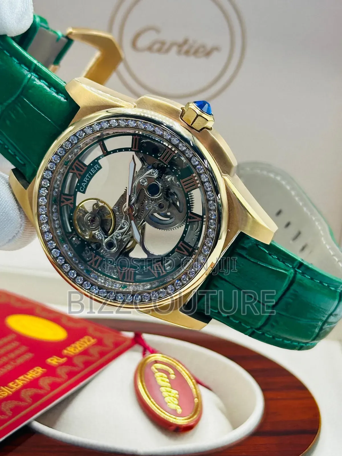 Original Cartier Iced Green Genuine Leather Strap, Mechanical Watch