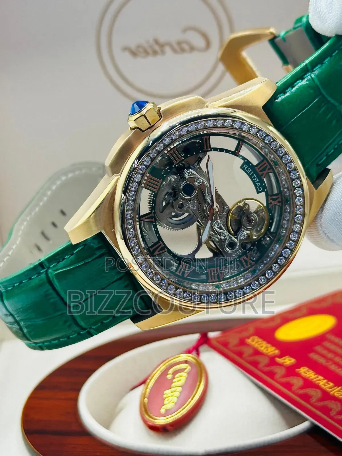 Original Cartier Iced Green Genuine Leather Strap, Mechanical Watch