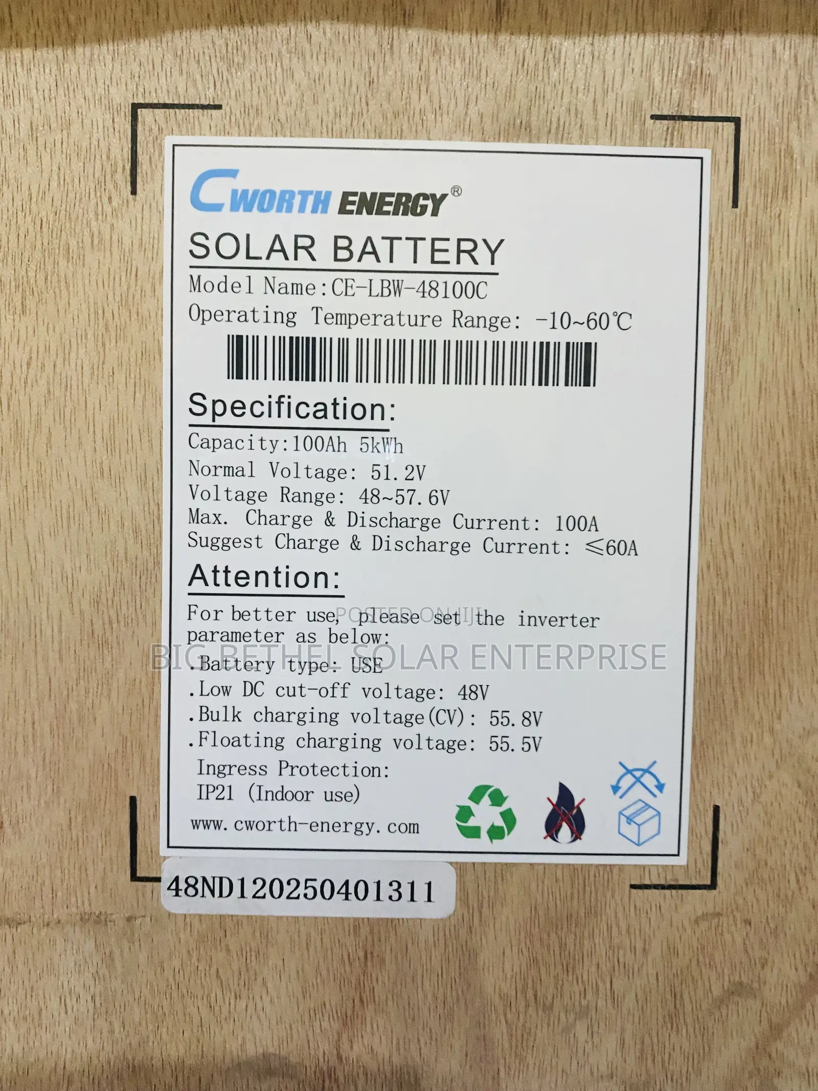 5kwh 51.2v 100ah Cworth Solar Lithium Iron Battery