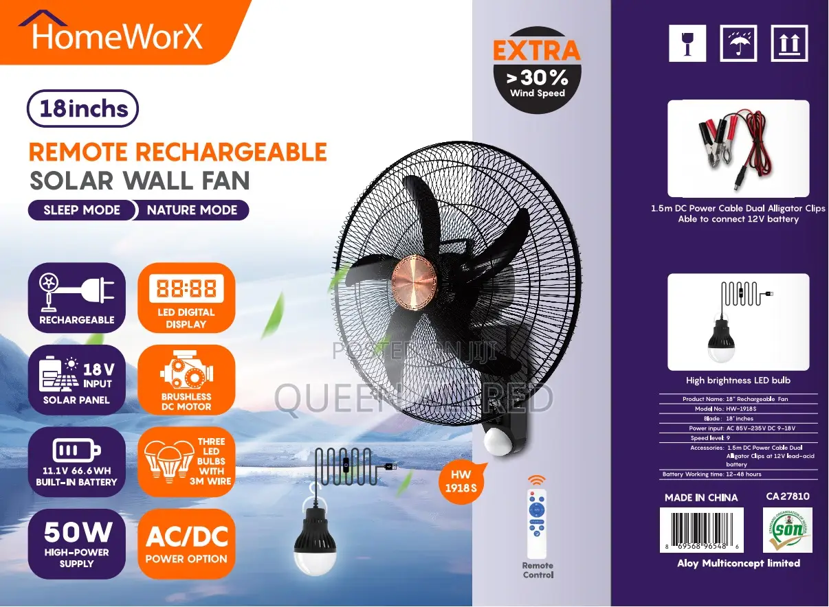 Homeworx Hw-1918w 18inch Solar Rechargeable Wall Fan With 3 Bulbs
