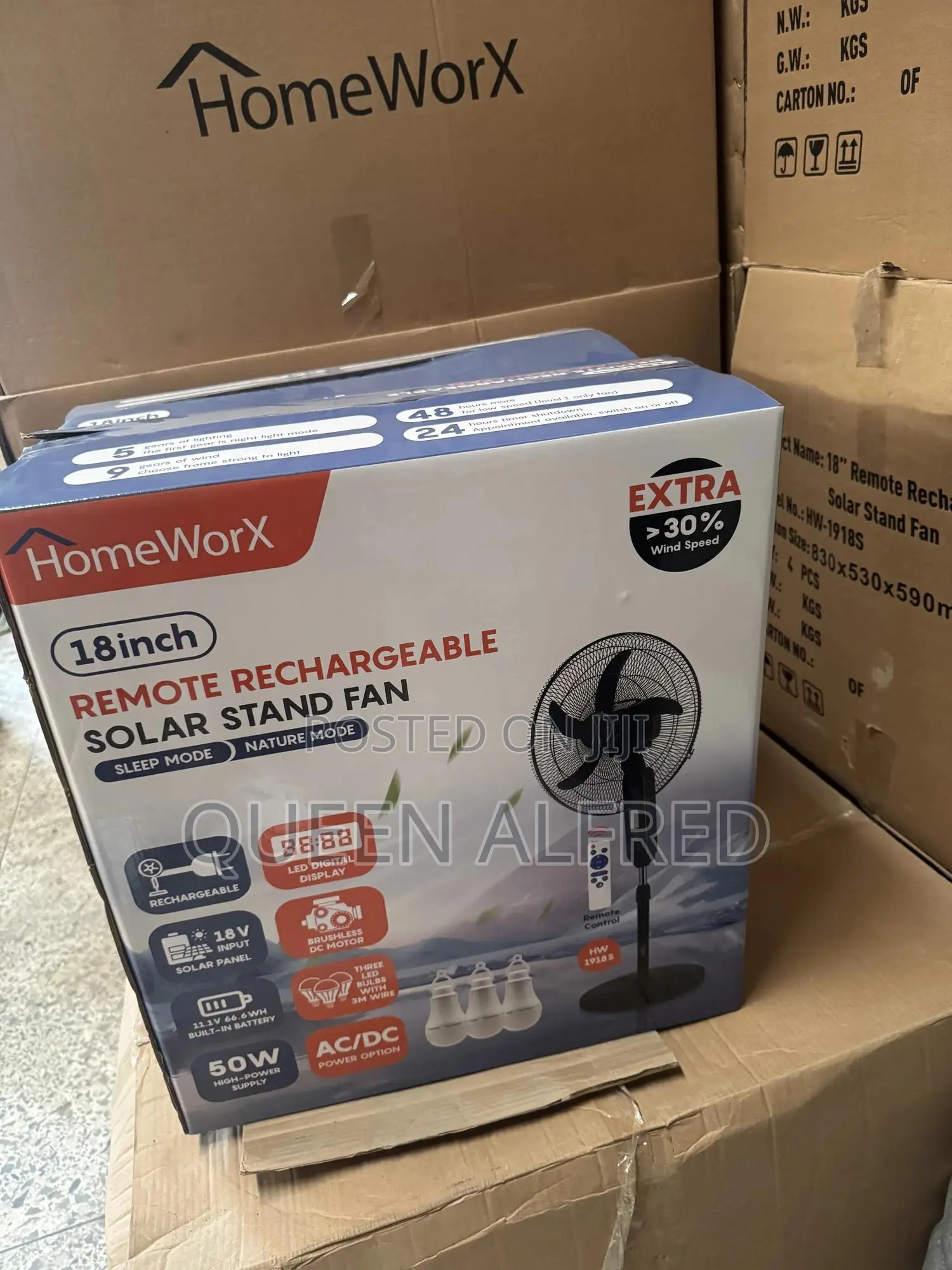 Homeworx 18inches Solar Rechargeable Standing Fan With 3 Led Lights