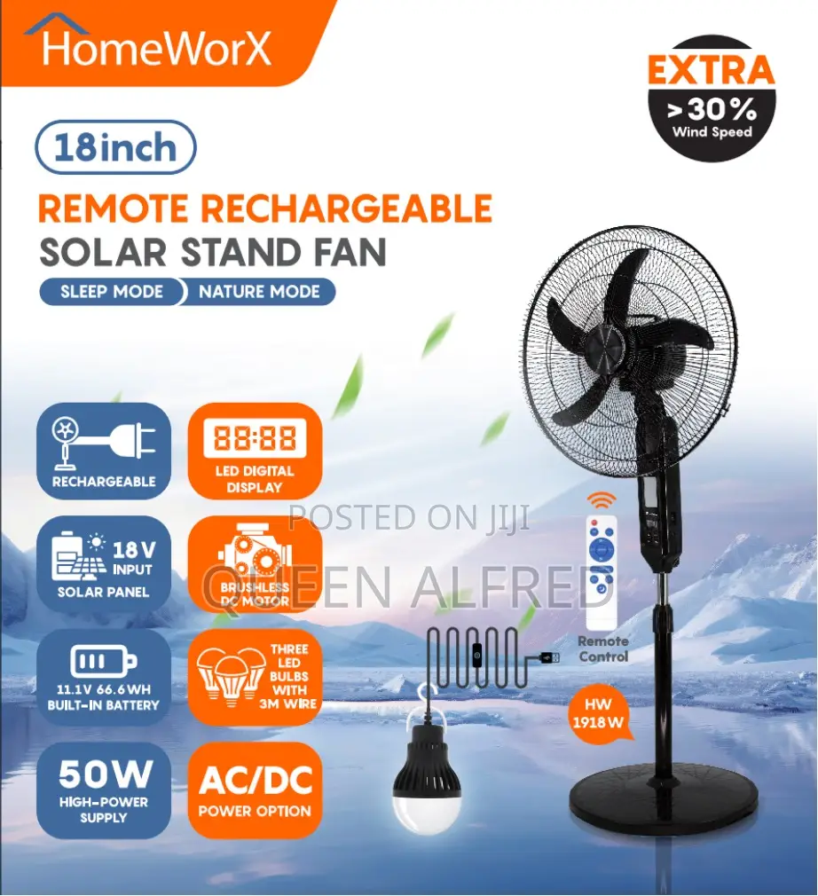 Homeworx 18inches Solar Rechargeable Standing Fan With 3 Led Bulbs