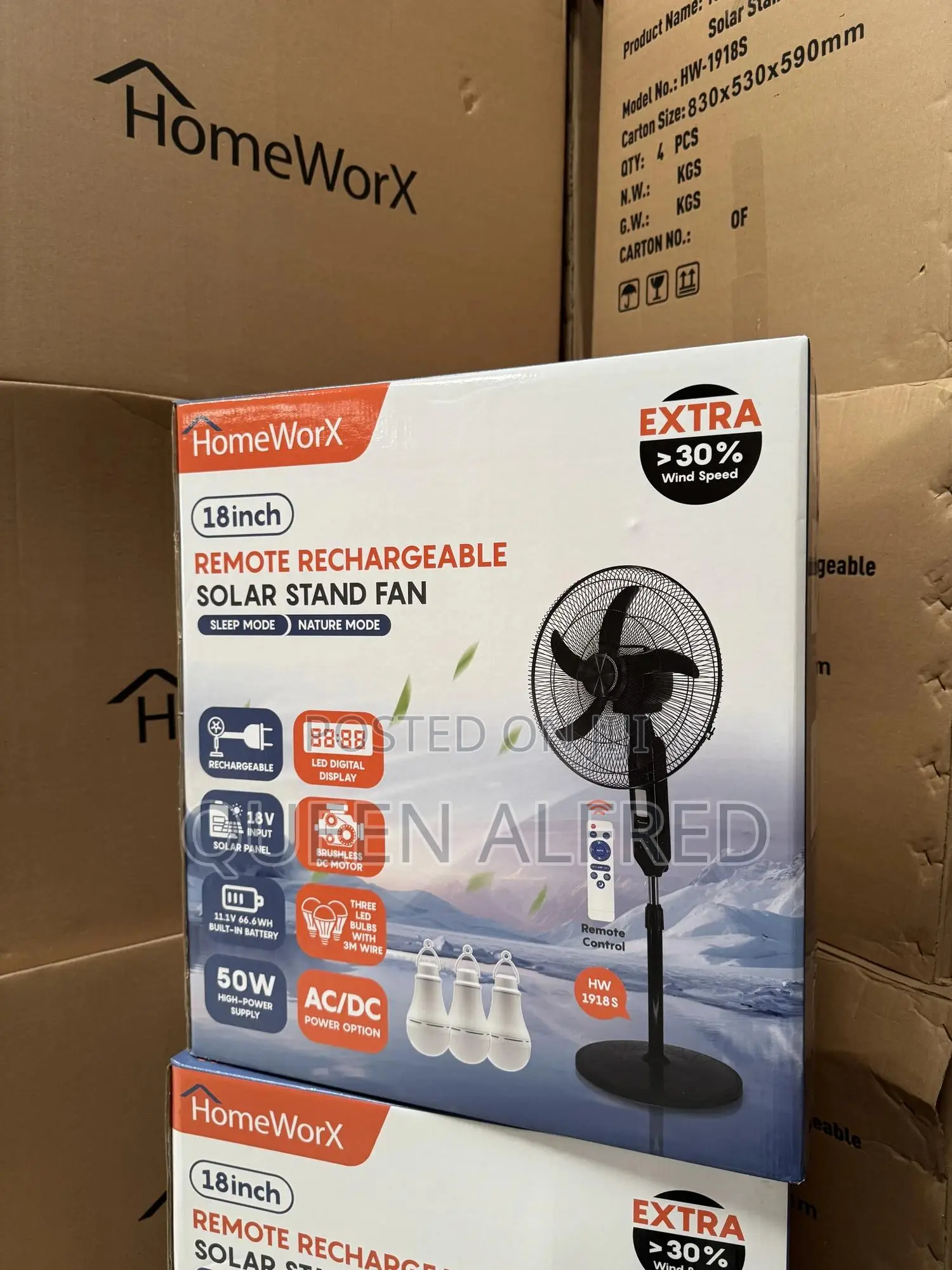 Homeworx 18inches Solar Rechargeable Standing Fan With 3 Led Bulbs