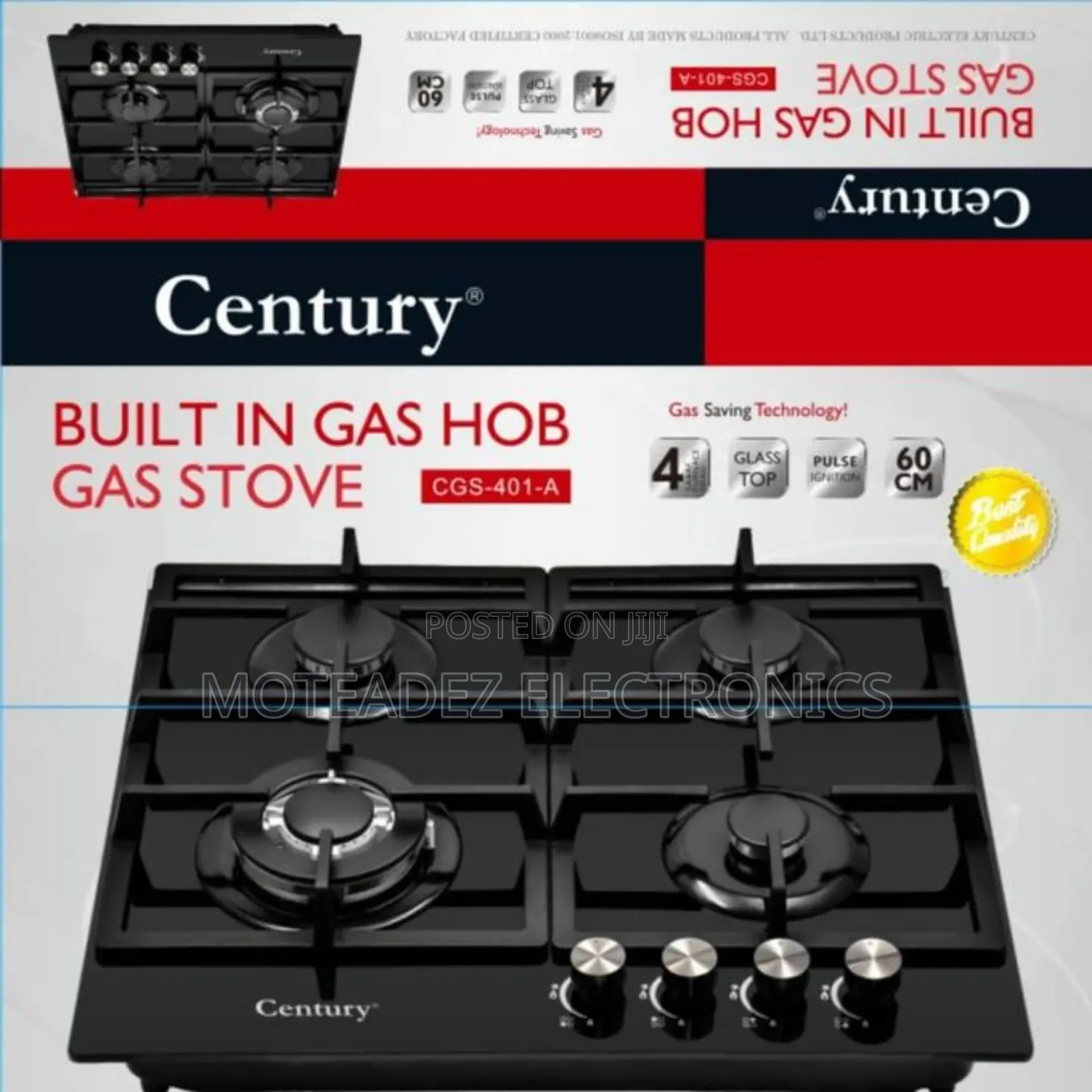 Century (60cm) 4 Burner Tempered Glass Top Inbuilt Gas Hob/Cooker