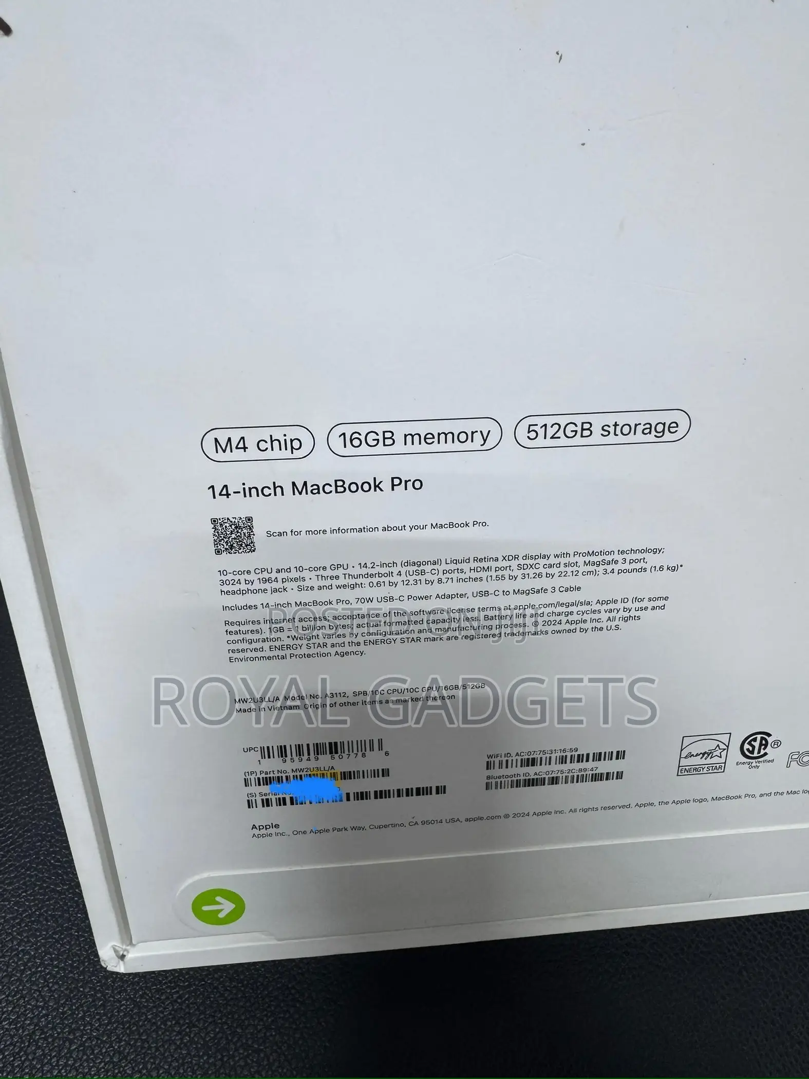 New Laptop Apple MacBook Pro 2024 M4 16GB Apple M4 Pro SSD 512GB