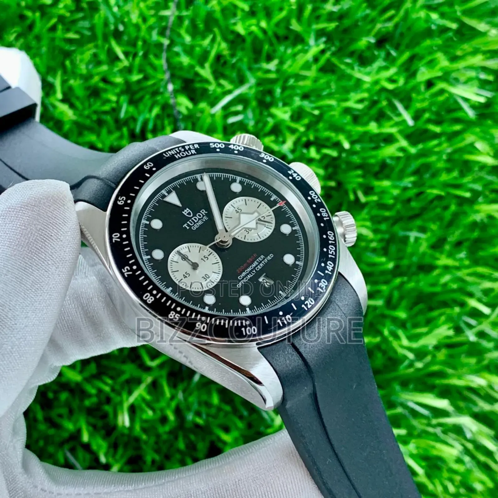 Original Tudor Geneve Black Rubber Strap, Calendar Quartz Watch
