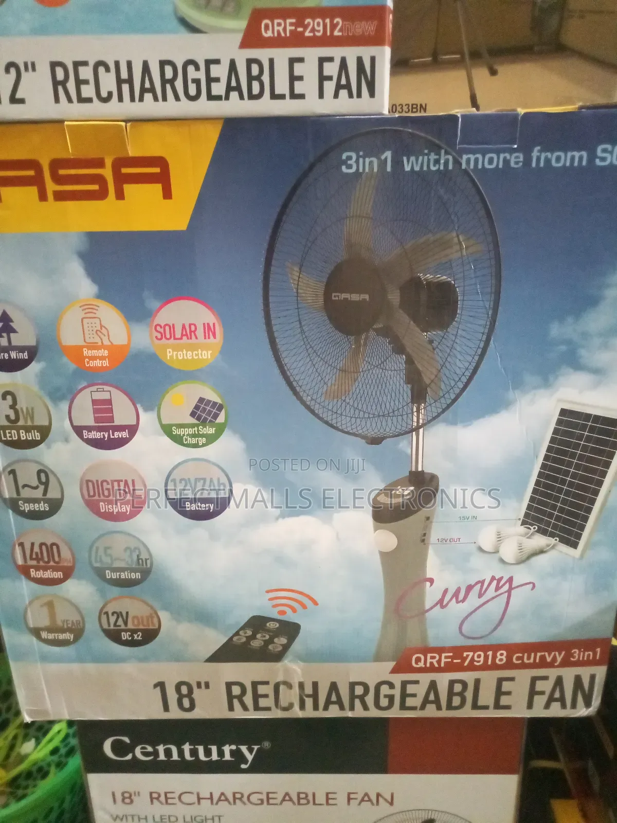 Qasa 18" 3-in-1 Rechargeable Fan QRF-7918 With Panel and Bulb