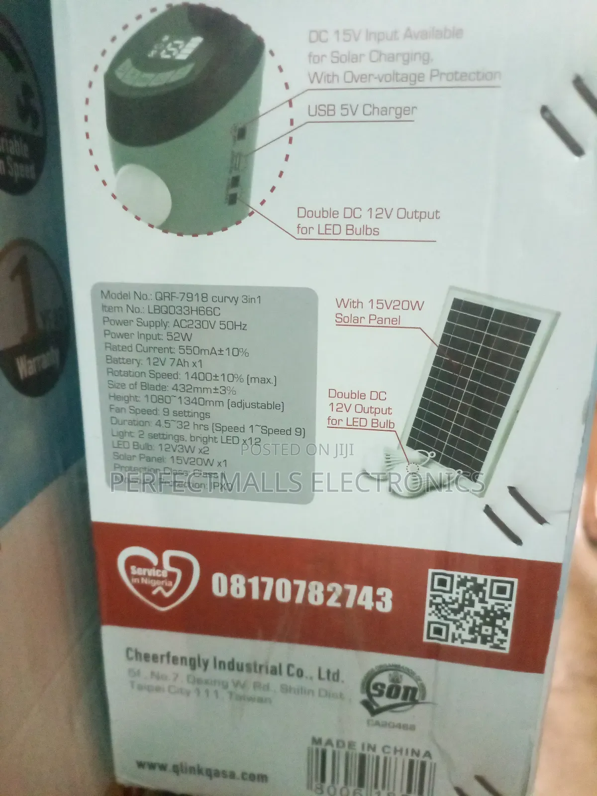 Qasa 18" 3-in-1 Rechargeable Fan QRF-7918 With Panel and Bulb