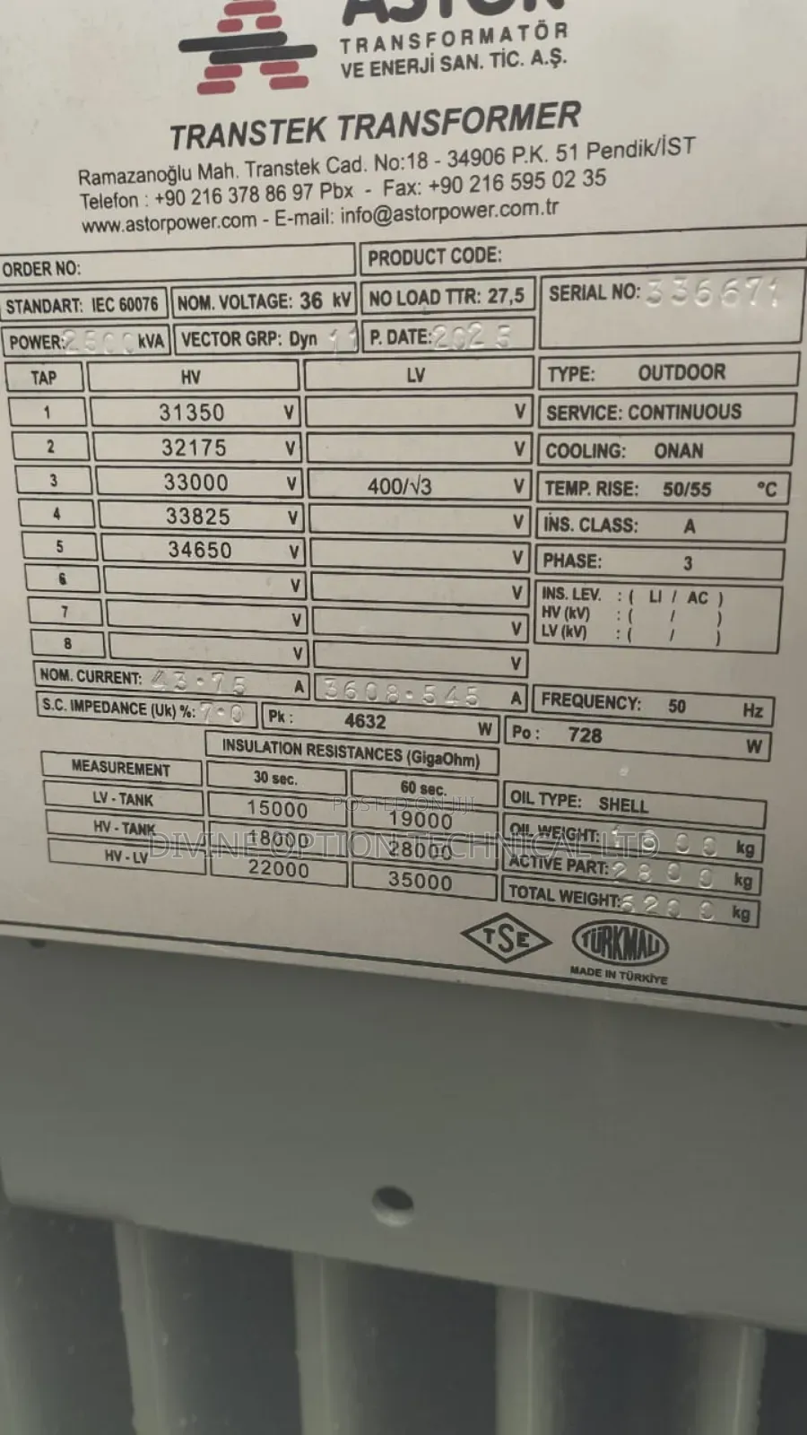 2mva 33kv/400v Astor Transformer