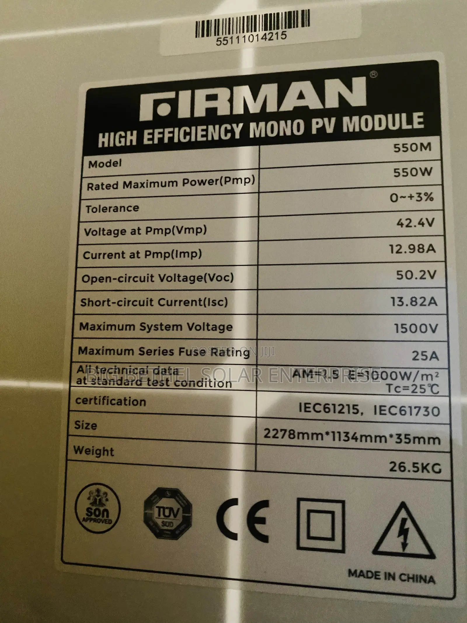 Firman High Efficiency Mono Solar Panel 550w