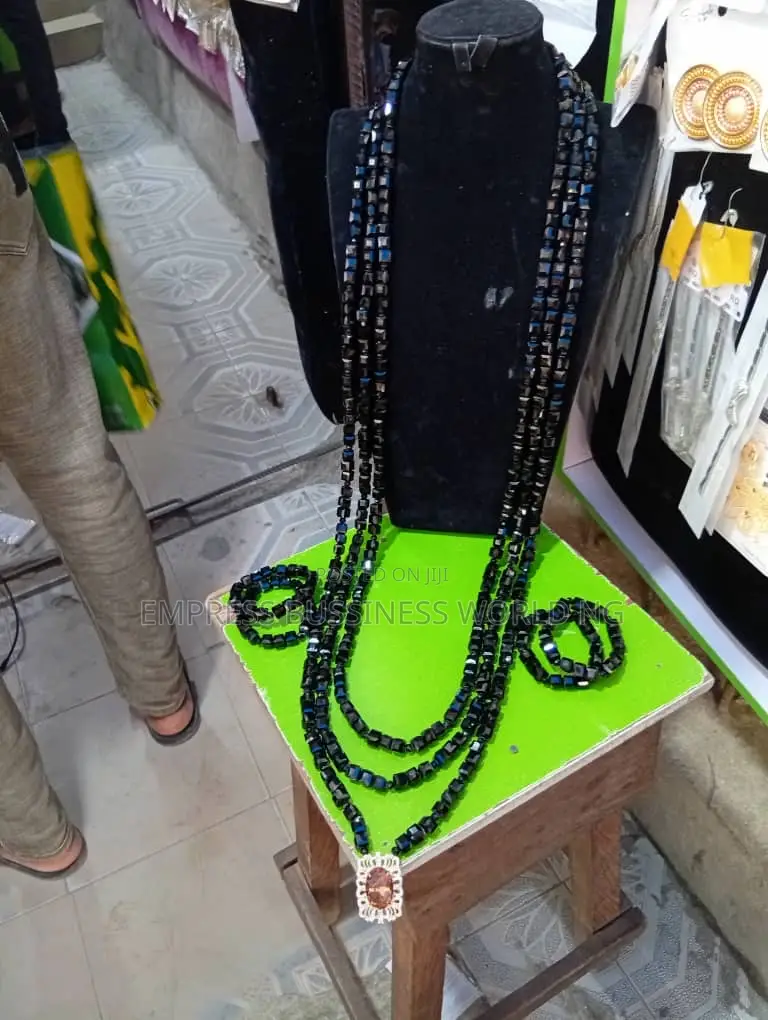 All Black Men’S Fashion Beads-3 Neck, 4 Wrist Beads