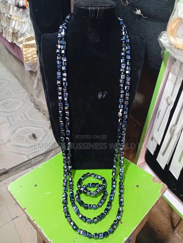 All Black Men’S Fashion Beads-3 Neck, 4 Wrist Beads
