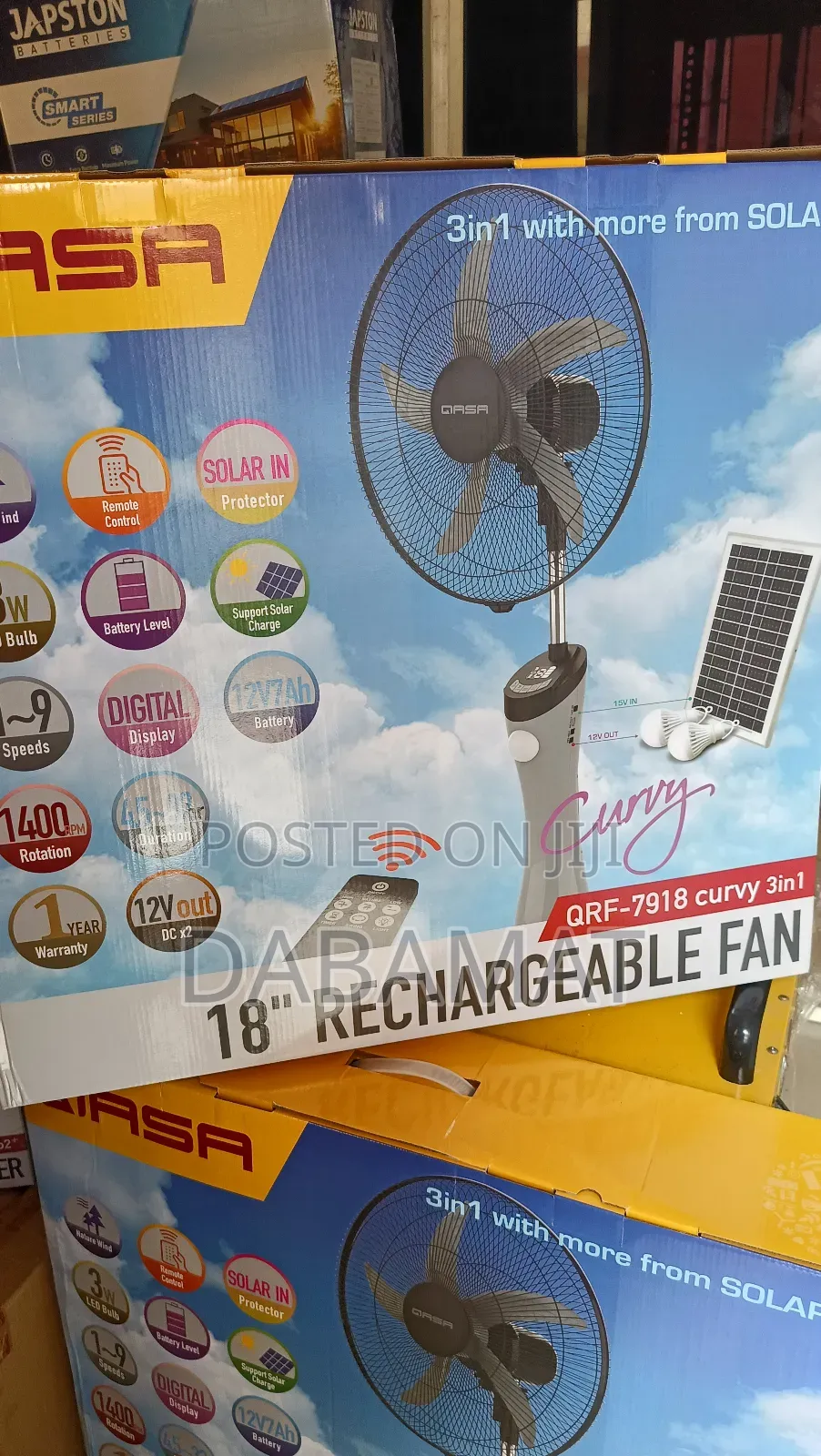 Qasa 18 Inches Rechargeable Fan With Solar Panel and Bulbs
