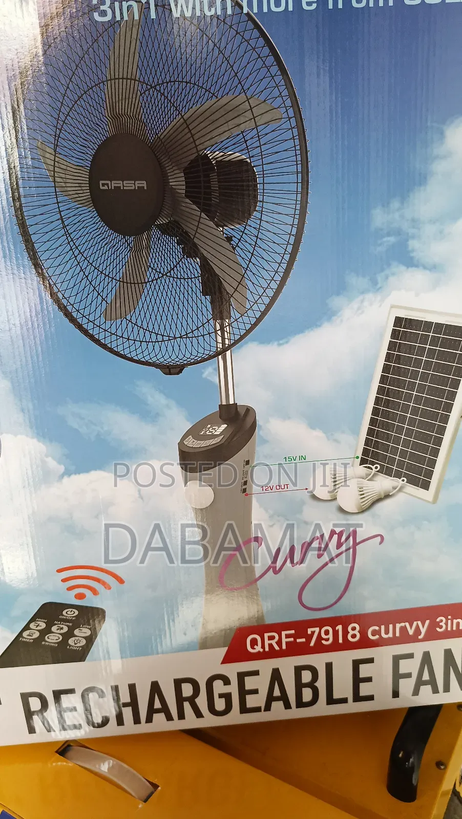 Qasa 18 Inches Rechargeable Fan With Solar Panel and Bulbs