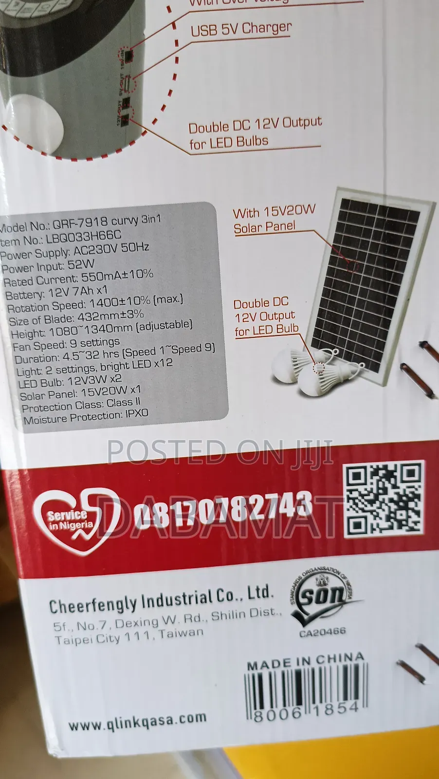 Qasa 18 Inches Rechargeable Fan With Solar Panel and Bulbs