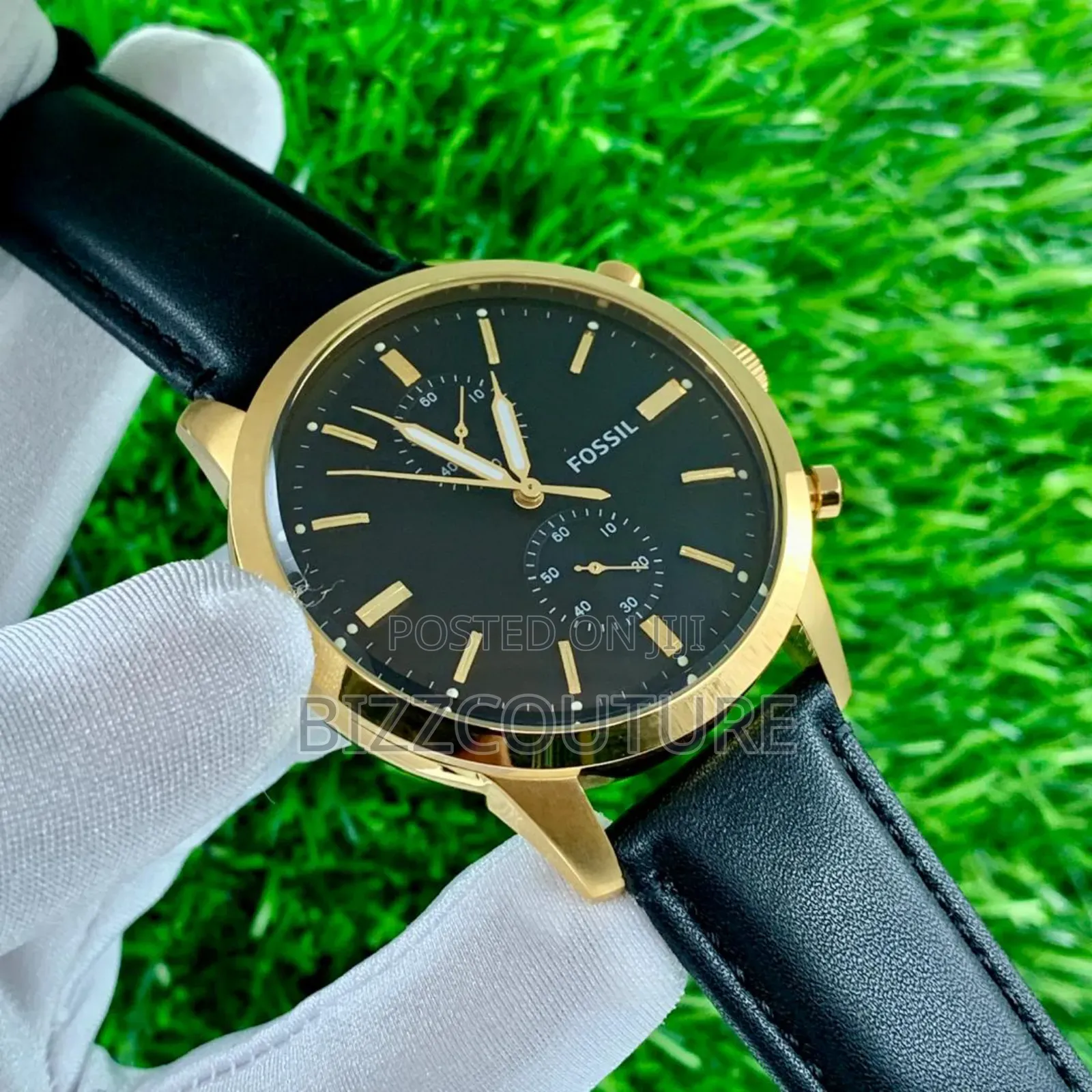 Original Fossil Black Genuine Leather Strap Quartz Watch