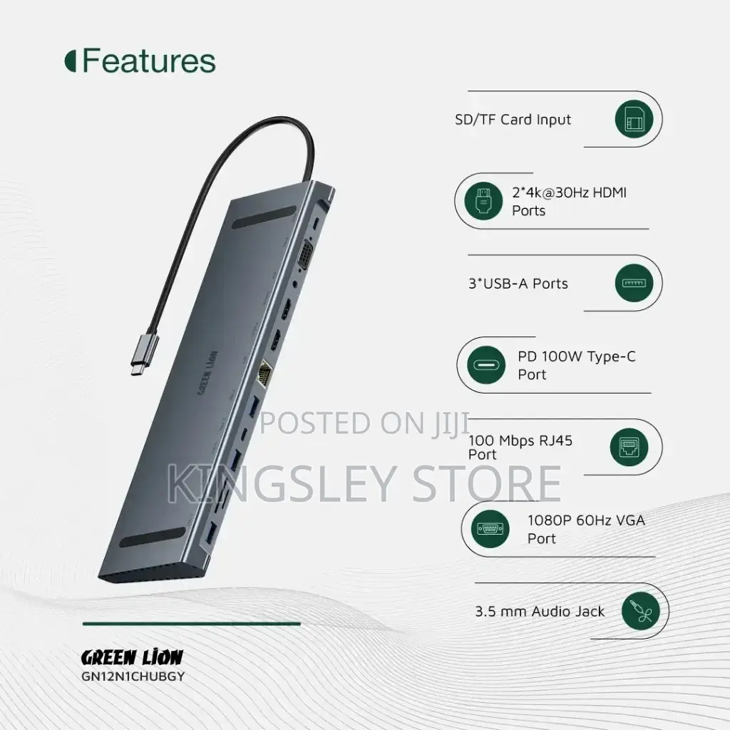 Green Lion 12-in-1 Hdmi Ethernet Usb-C Hub - Gray