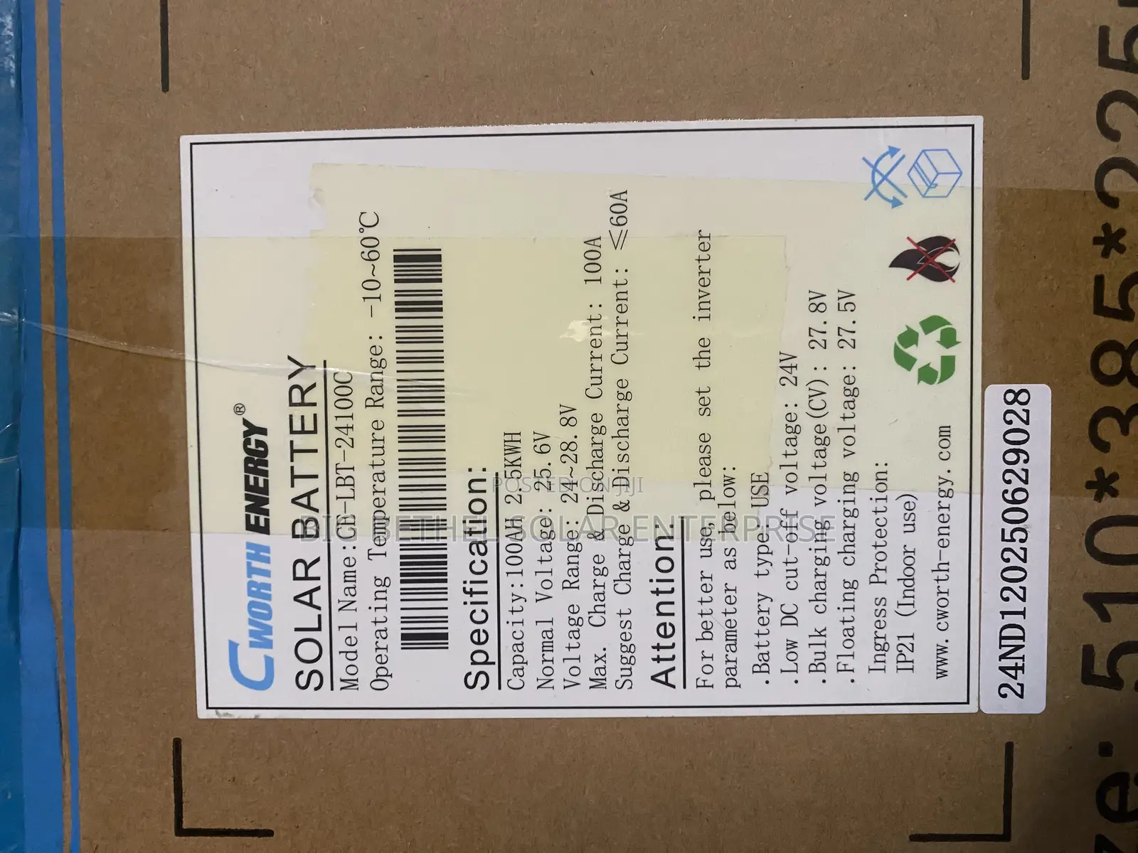 2.5kwh 25,6v 100ah Cworth Solar Lithum Iron Battery