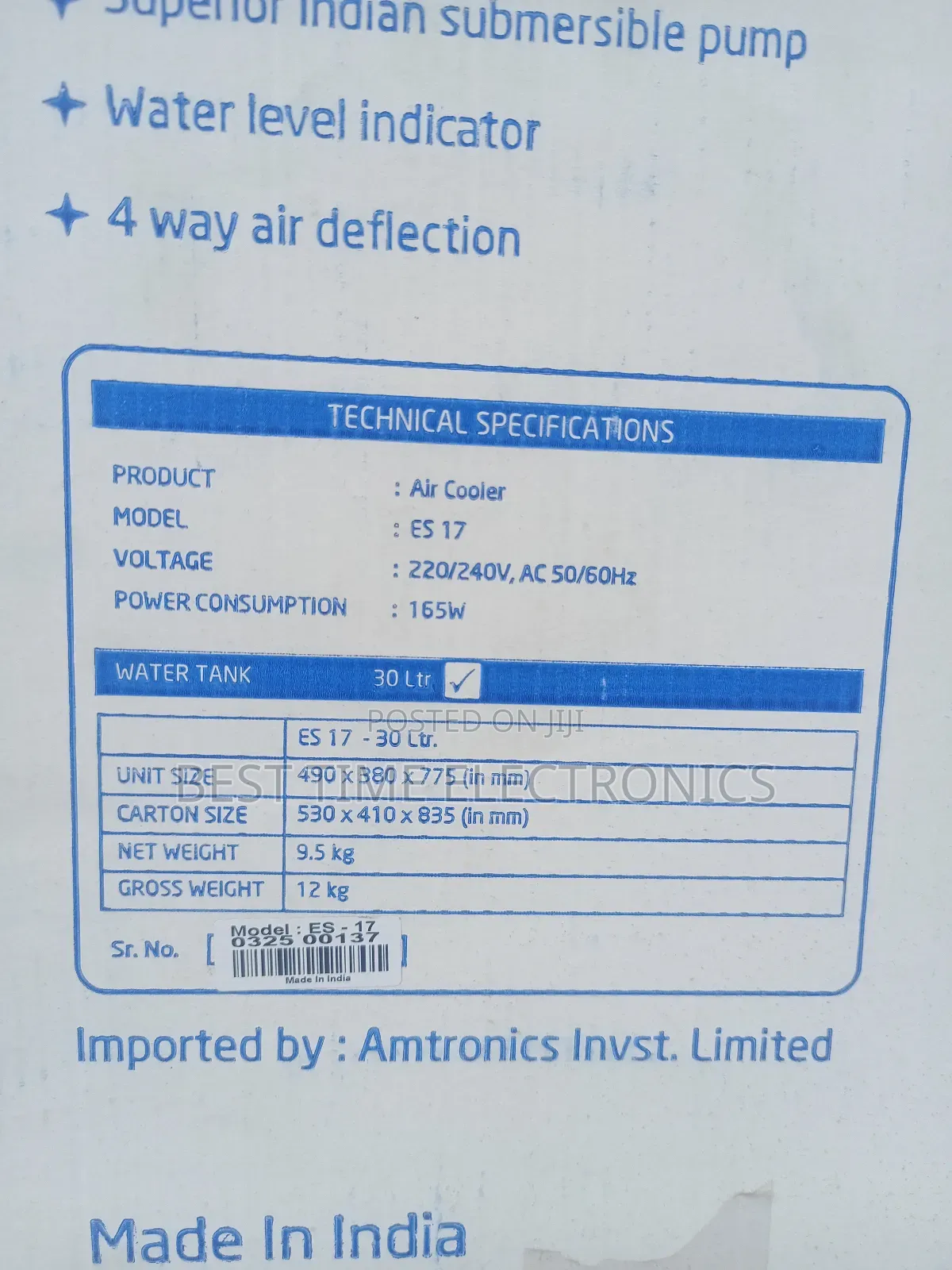 30ltrs Eurosonic Electrical Air Cooler Es-17