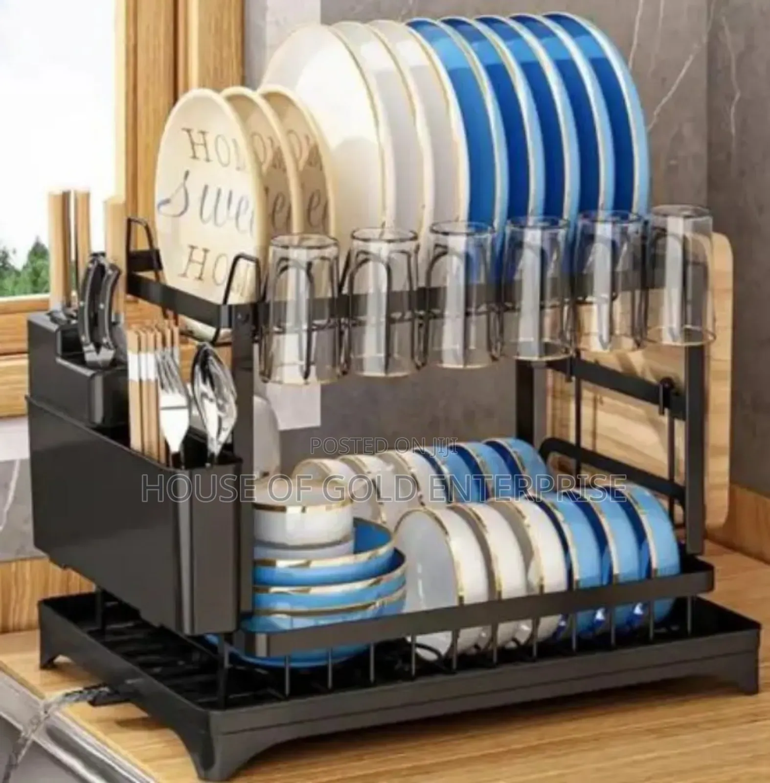 2-tier Dish Drying Rack With Drainboard And Utensil Holder