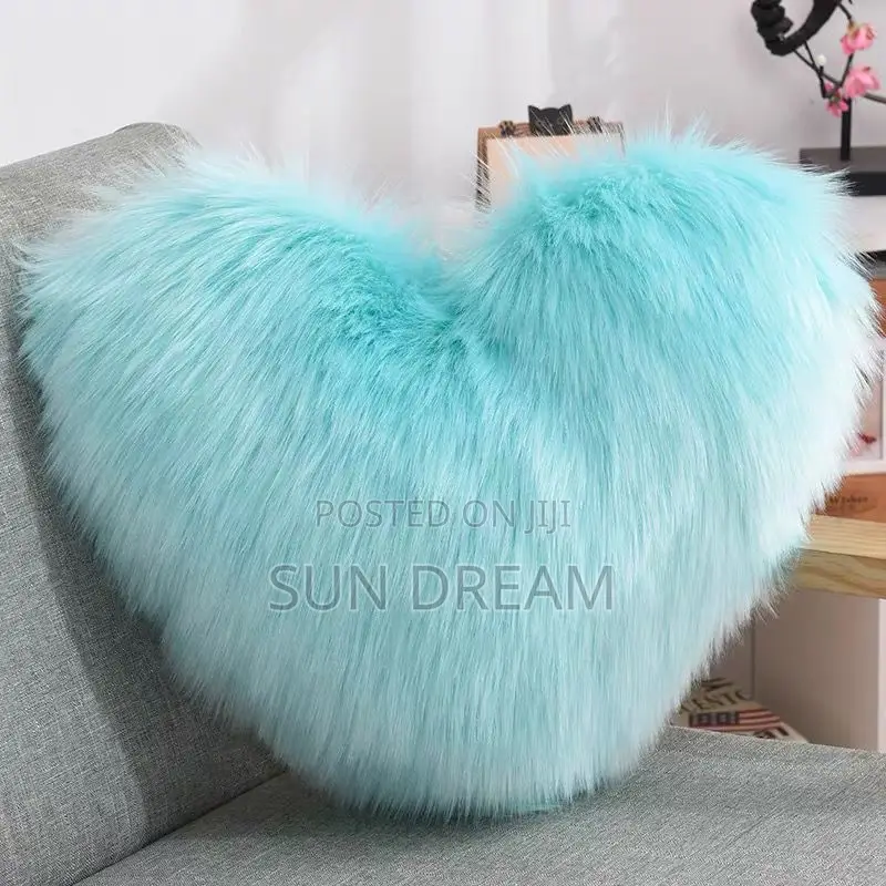 Furry Cushion Throw Pillow Blue Heart Fluffy Decoration