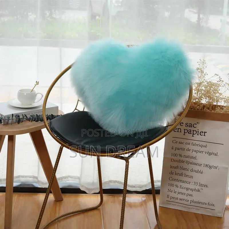 Furry Cushion Throw Pillow Blue Heart Fluffy Decoration